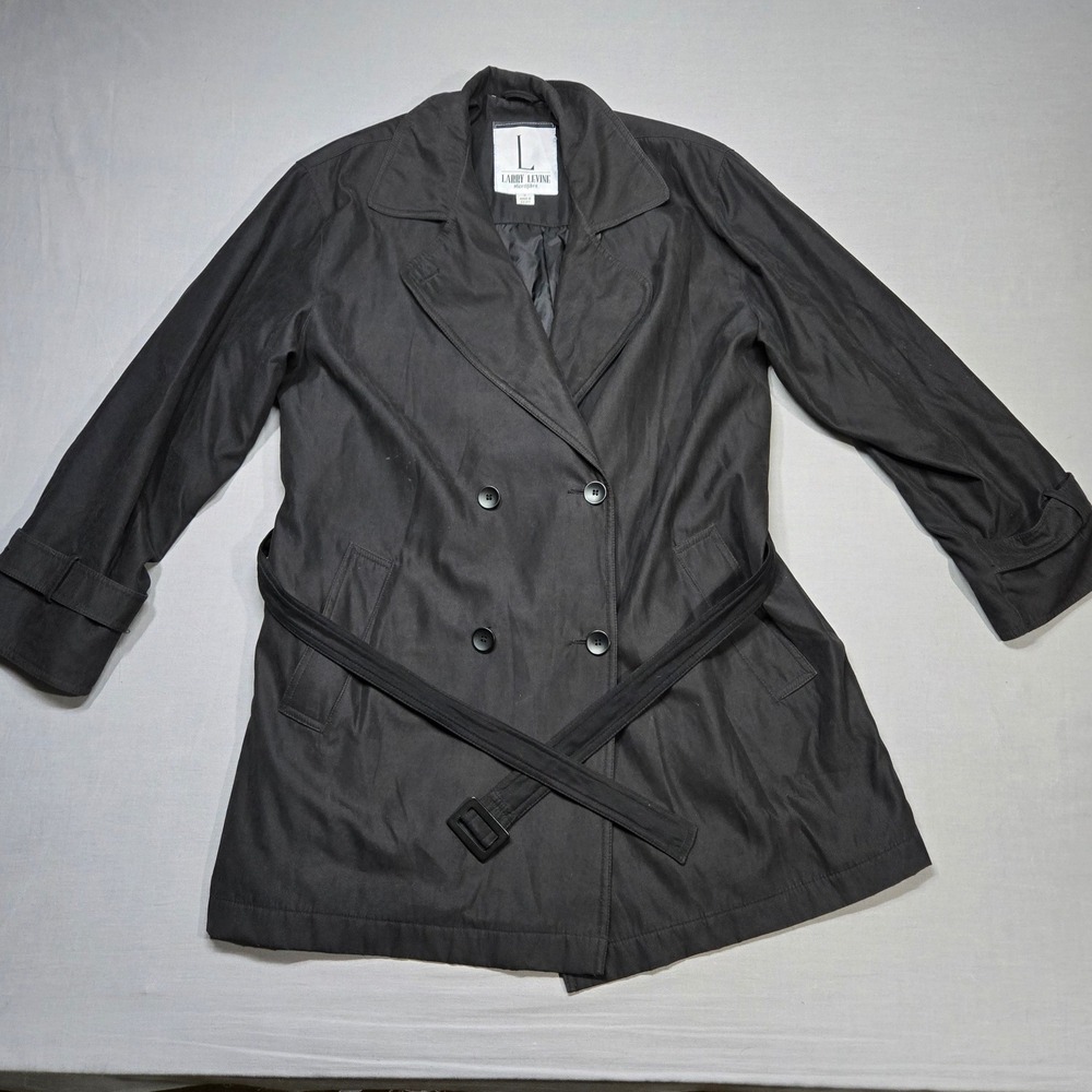 Vintage Larry Levine Trench Coat Medium Black Double Breasted Belted Microfibre